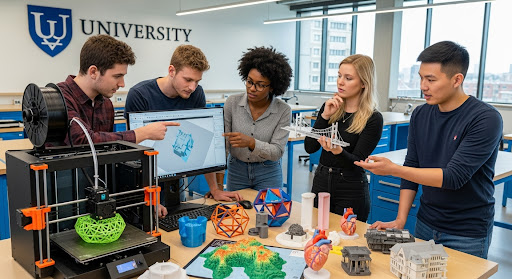 Students using 3D printer in classroom