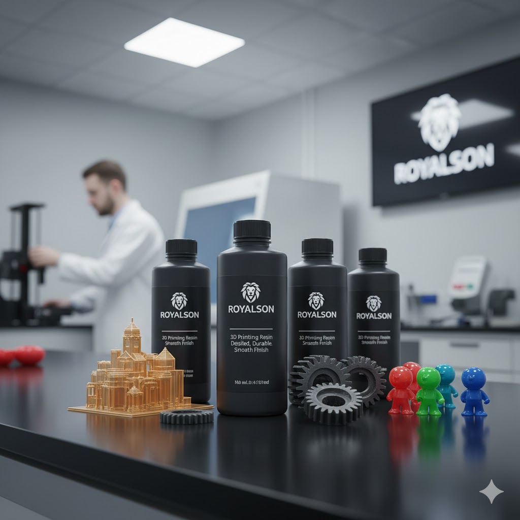 Five resin bottles in a row